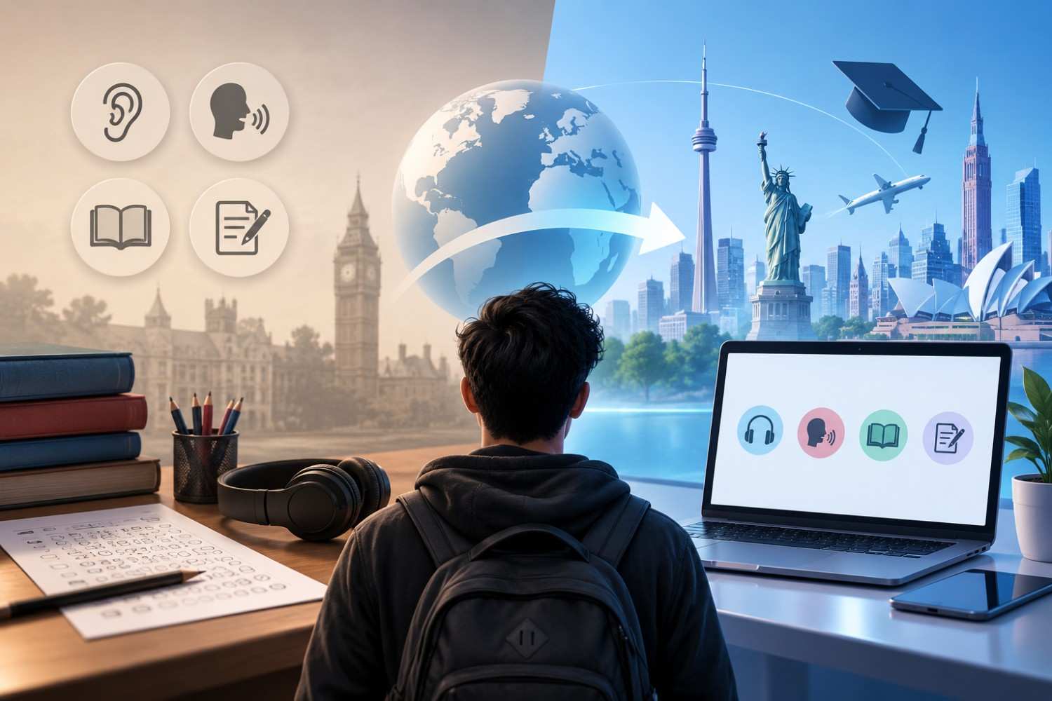 IELTS test preparation transitioning from traditional paper-based methods to modern digital testing, with a student, globe, and international landmarks.